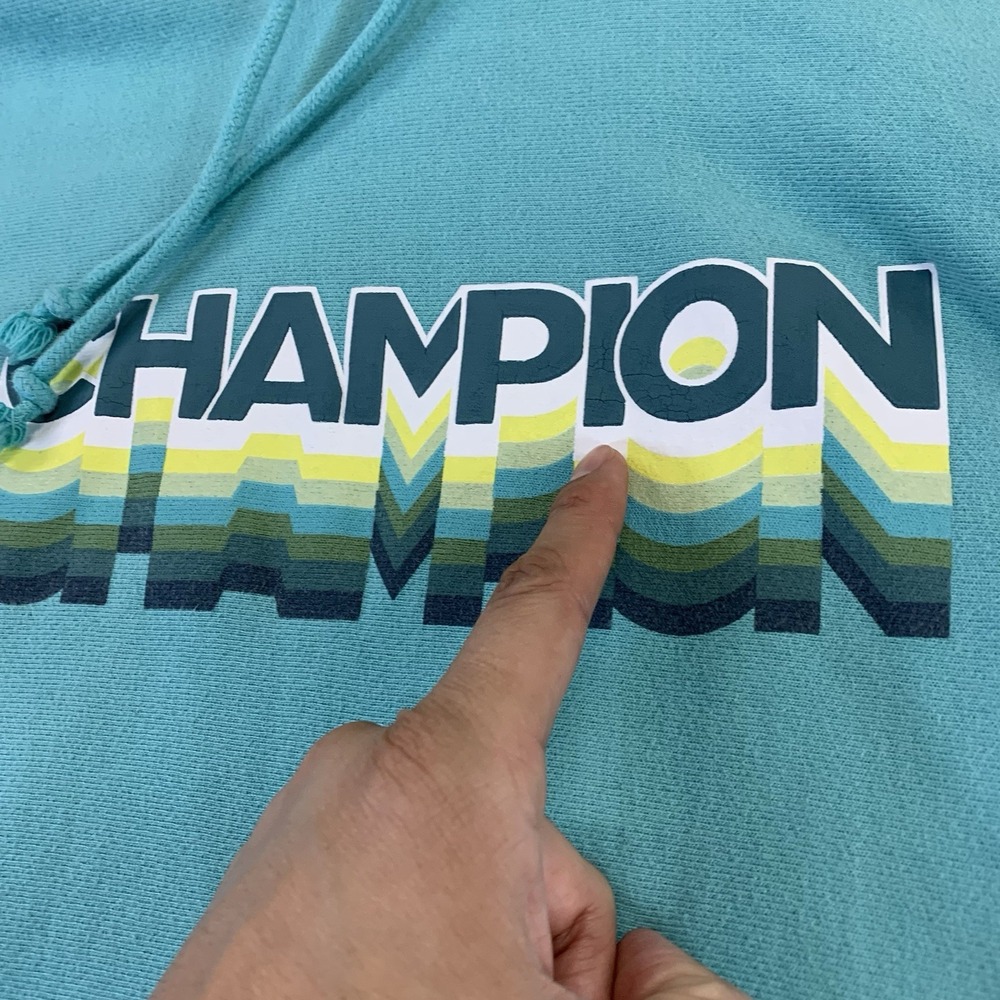 Champion Hoodie Mens XL Reverse‎ Weave Teal Multi-Logo Retro Hooded Sweatshirt - Picture 6 of 10